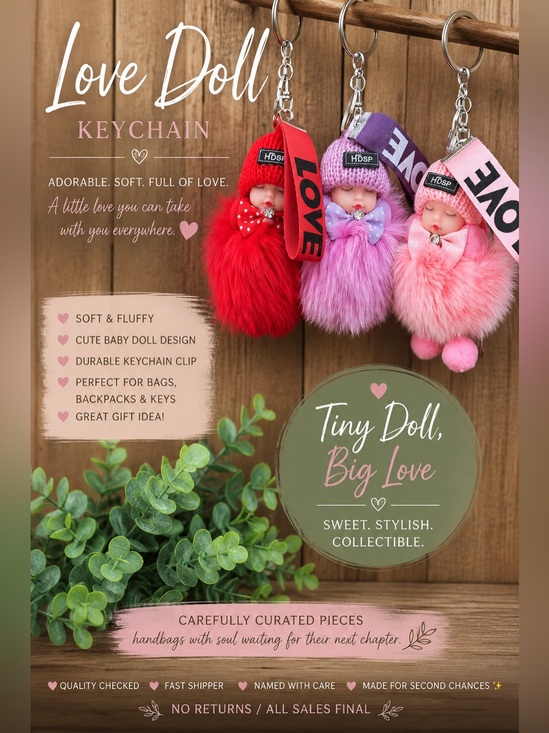 Accessories - Love Doll Keychain - Barbie Pink, Lilac, Red Fluffy Baby Doll Keyrings, Love Tag